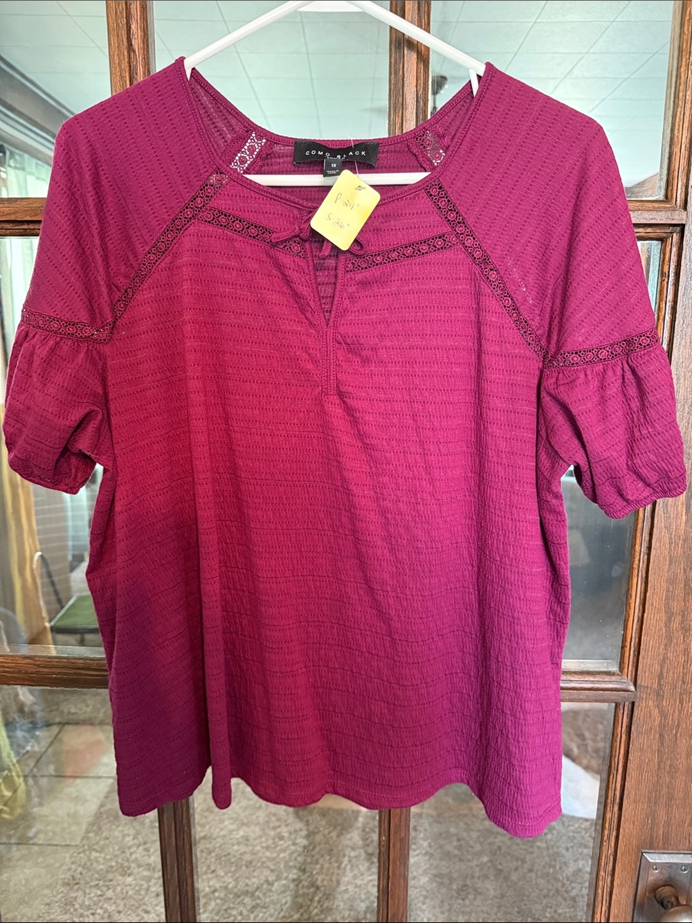 Magenta Short-Sleeve Split-Neck Top with Lace Trim